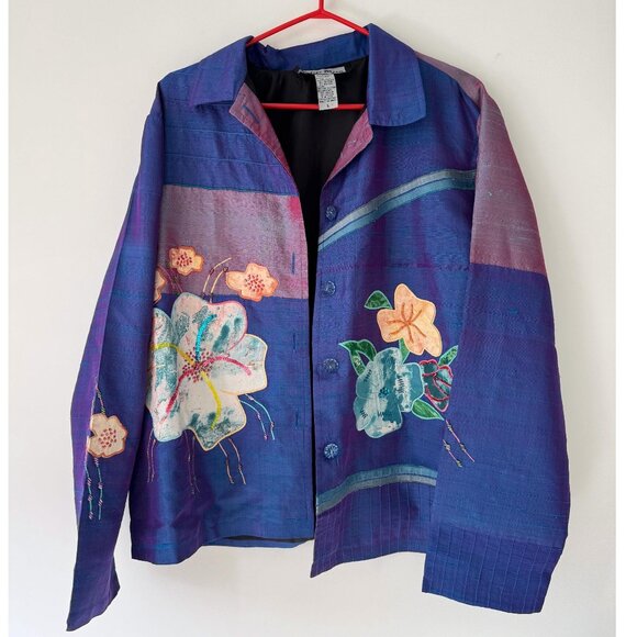 90s vintage blue shiny floral embroidered patchwork light silk button up jacket - Picture 1 of 10